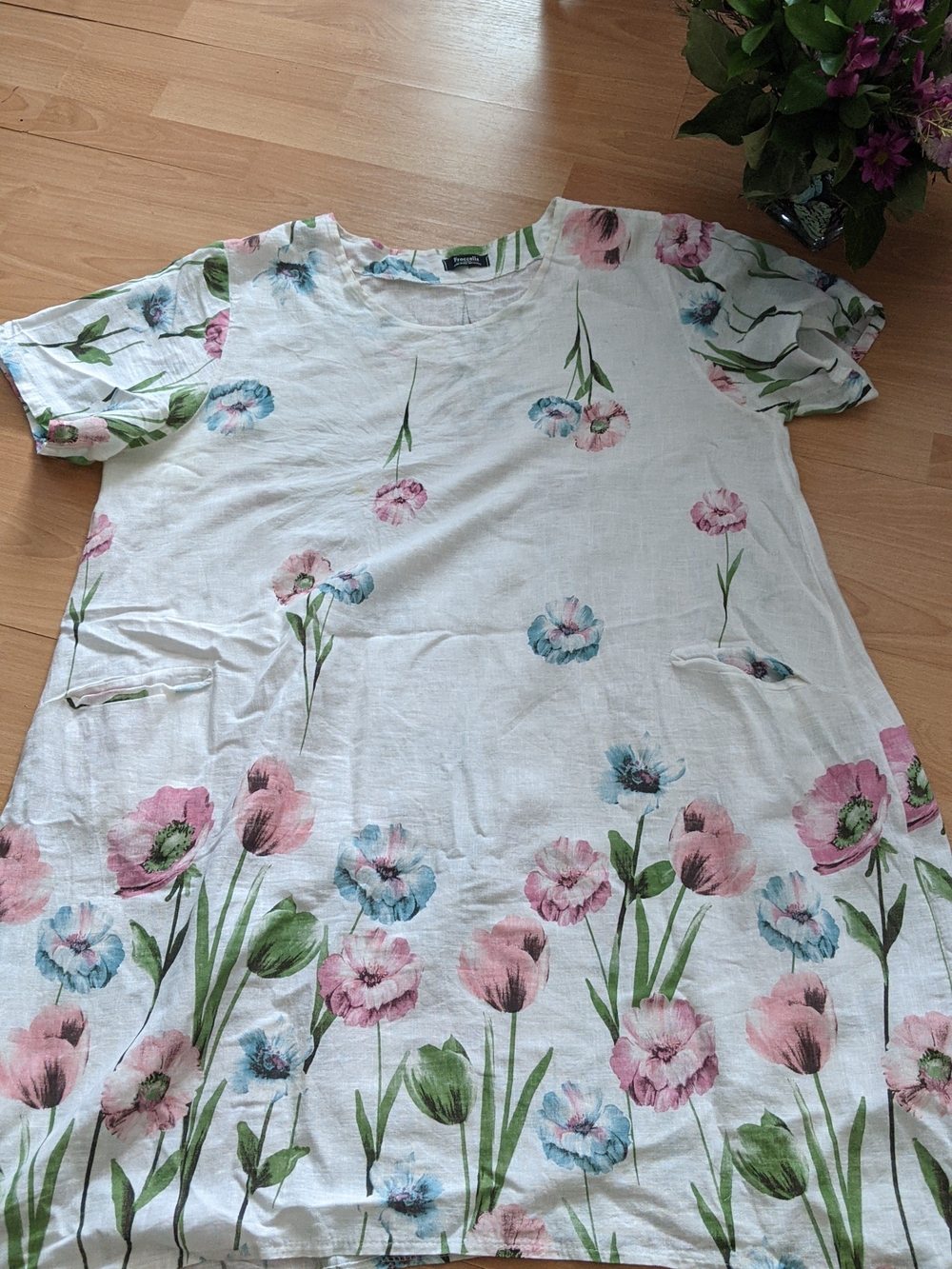 White Floral 100% Linen  Dress Pink & Blue Blooms XXL